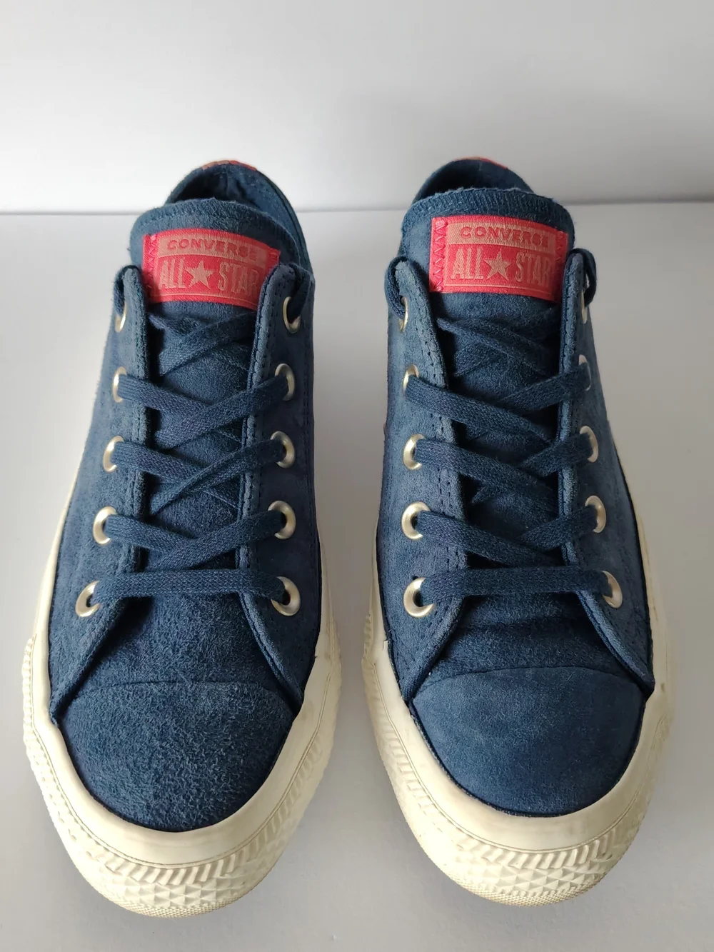 Converse Women's 6 Navy Suede Low-Top Sneakers with Pink Tongue & Stripe Accent